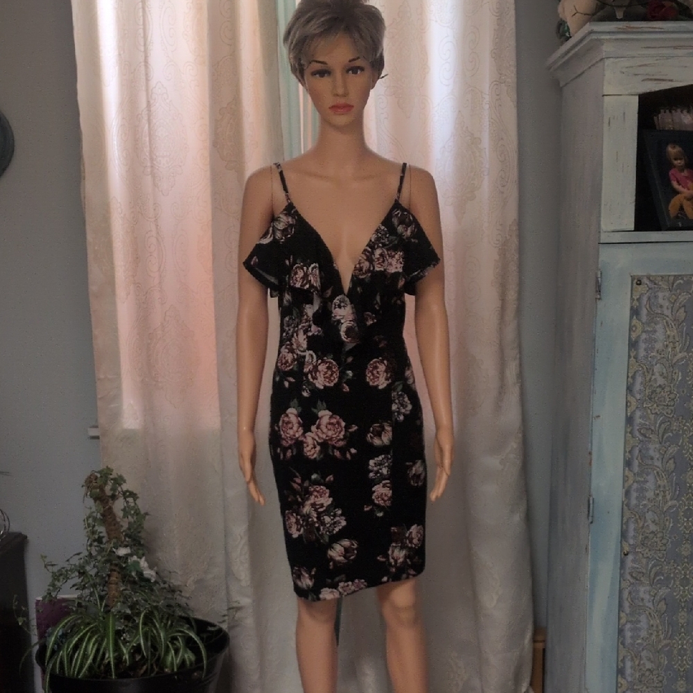 Floral Black Dress with Pink Roses New